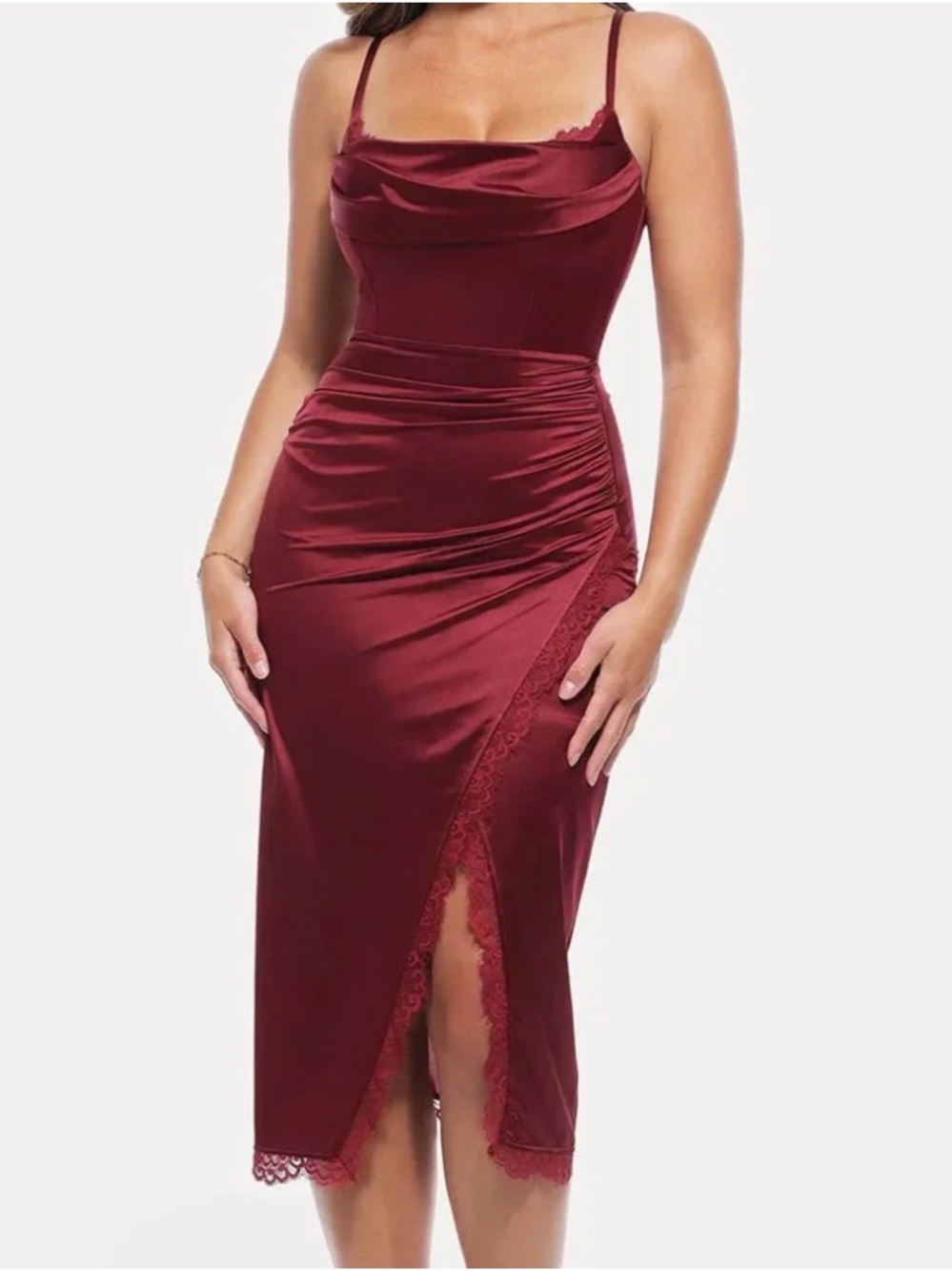 Cowl-Neck Satin Midi Dress with Lace-Trim in Burgundy
